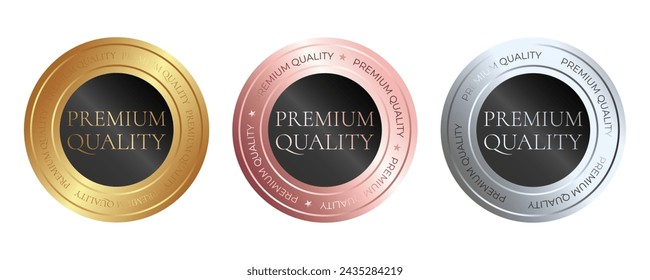 Conjunto de colores de oro, plata y oro rosa pegatina, etiqueta, insignia, icono y logotipo. Productos de calidad premium. Ilustración de vector