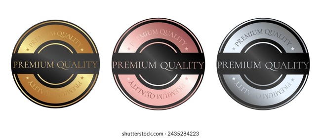 Conjunto de colores de oro, plata y oro rosa pegatina, etiqueta, insignia, icono y logotipo. Productos de calidad premium. Ilustración de vector