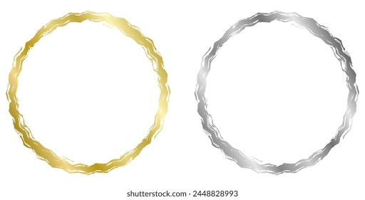 Set of golden and silver round metal frames isolated on white. Vector frame for photo. Frame for text, certificate, pictures, diploma. Luxury, gold, wedding, celebration. Worn, old frame