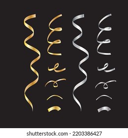 Set of golden and silver serpentines or confetti isolated on black background