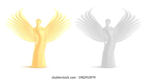 Set of golden and silver statuettes of woman with wings, award prise symbol