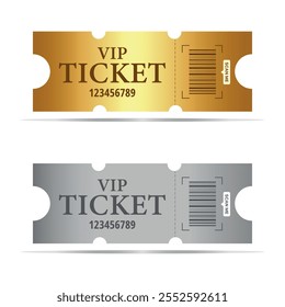 Set of golden and silver ticket.Template for cinema, theater, airplane, circus. Vector coupon template