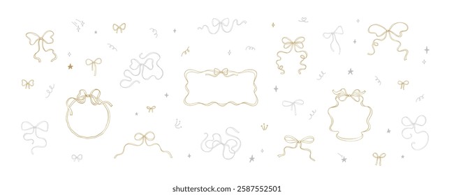 Set of golden and silver whimsical bows. Coquettish ribbon wavy frames and borders. Happy New Year and Merry Christmas background with glitter, confetti, stars, firework, bling, firecracker