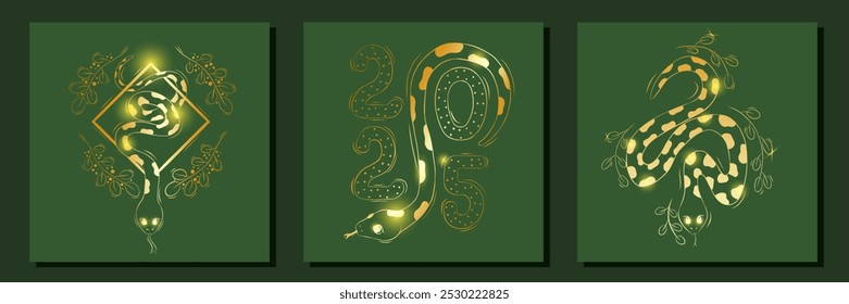 Set of Golden Snake or Serpent in Sacred Geometry with Botanical Elements. Chinese Lunar New Year, symbol of 2025. Vector Illustration