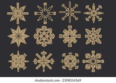 Die Goldene Schneeflocke und die elegante, schneebedeckte Weihnachtsdekoration auf dunklem Hintergrund, die Sammlung Winterschmuck gefroren Element.