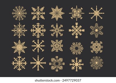 Decoración elegante de la Navidad de la línea elegante del cristal del copo de nieve dorado en el fondo oscuro, elemento congelado del ornamento del invierno de la colección.