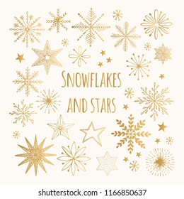 Set of golden snowflakes and stars