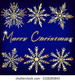 Set of golden snowflakes and golden text.Snowflakes and text of gold on a colored background for design.