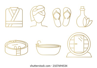 conjunto de elementos de spa dorados: albornoz, toalla de turbante, chanclas, aceite de masaje, jacuzzi, tubo de baño y sauna de barril- ilustración vectorial