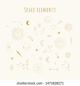 Set of golden space design elements. Sun with face, falling star, comet, planet, zodiac sign, hands, crescent, half moon, starburst. Vector doodle isolated illustration.