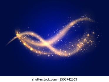 Set of golden sparkling light trails on blue background. Futuristic Wave Flash. Glowing shiny spiral lines effect. The yellow sparks and golden stars shine. Magical dust particles. Vector