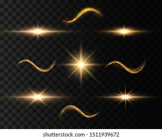 Set of golden sparkling light trails on blue background. Futuristic Wave Flash. Glowing shiny spiral lines effect. The yellow sparks and golden stars shine. Magical dust particles. Vector