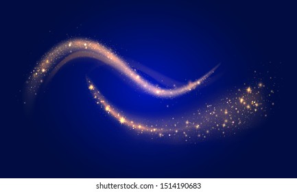 Conjunto de caminos brillantes dorados sobre fondo azul. Futurista Wave Flash. Efecto de líneas espirales brillantes. Las chispas amarillas y las estrellas doradas brillan. Partículas mágicas de polvo. Vector