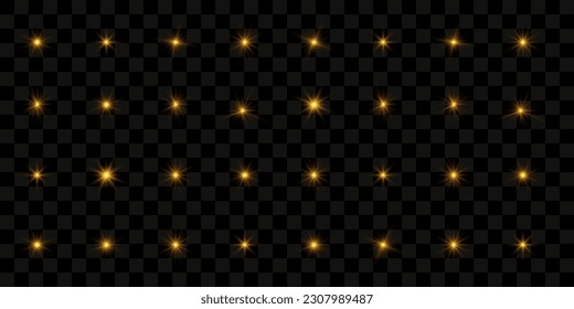 Set of golden sparks isolated. Vector glowing stars. Glare of light and sparkles.