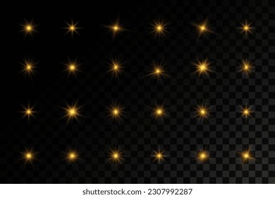 Set of golden sparks isolated. Vector glowing stars. Glare of light and sparkles.