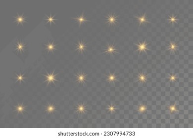 Set of golden sparks isolated. Vector glowing stars. Glare of light and sparkles.