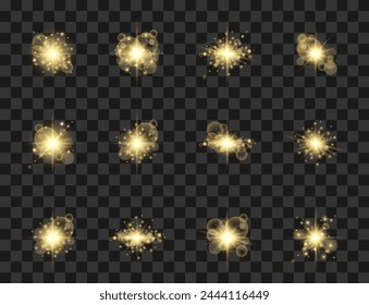 Set of Golden Sparks, Sequins, Glitter, Radiance, Magic Dust, Stars, Light, glitter bokeh lights and sparkles. Magical yellow dust particles. Christmas Abstract light effect on transparent background