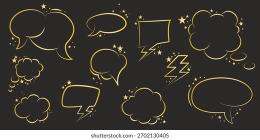 Conjunto de burbujas de discurso de oro y Formas con estrellas. Marcos brillantes para el habla, los pensamientos y las ideas. Formas cómicas festivas brillantes para texto, Elementos de Vector