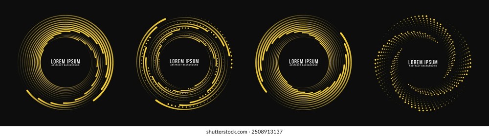 Set of golden speed lines in circle form. Radial speed Lines in yellow Circle Form for comic books. Technology round Logo. Black thick halftone dotted speed lines.