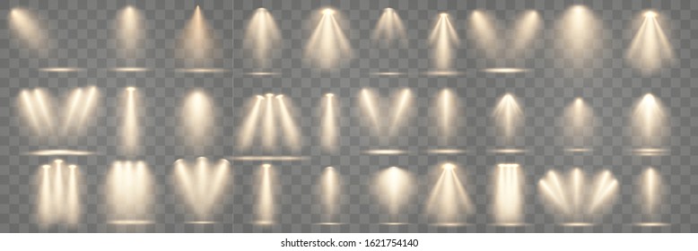 Set Of Golden Spotlight Isolated On Transparent Background. Glowing Light Effect With Gold Rays And Beams. Scene Floodlight Spotlight Stage Beam.