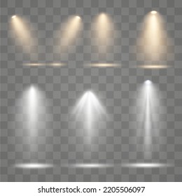 Set of golden spotlight isolated on transparent background. Glowing light effect with gold rays and beams. Scene floodlight spotlight stage beam.