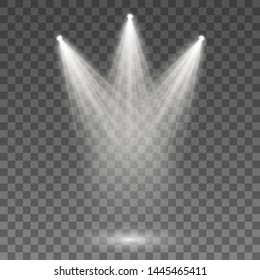 Set of golden spotlight isolated. White Yellow warm lights.  Vector Spotlights. Scene. Light Effects.Vector illustration. Searchlight collection for stage lighting, light transparent effects. 