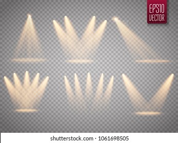 Set of golden spotlight isolated. Yellow warm lights. Vector illustration.