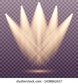 Set of golden spotlight isolated. Yellow warm lights. Vector illustration. Light effect Set of vector isolated spotlights. Stage light on transparent background. Scene illumination collection