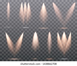 Set of golden spotlight isolated. Yellow warm lights. Vector illustration. Light effect Set of vector isolated spotlights. Stage light on transparent background. Scene illumination collection