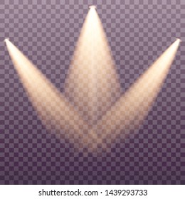 Set of golden spotlight isolated. Yellow warm lights. Vector illustration. Light effect Set of vector isolated spotlights. Stage light on transparent background. Scene illumination collection