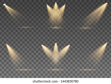 Set of golden spotlight isolated. Yellow warm lights.  Vector Spotlights. Scene. Light Effects.Vector illustration. Searchlight collection for stage lighting, light transparent effects. 