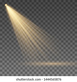 Set of golden spotlight isolated. Yellow warm lights.  Vector Spotlights. Scene. Light Effects.Vector illustration. Searchlight collection for stage lighting, light transparent effects. 