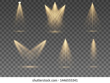 Set of golden spotlight isolated. Yellow warm lights.  Vector Spotlights. Scene. Light Effects.Vector illustration. Searchlight collection for stage lighting, light transparent effects. 