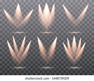 Set of golden spotlight isolated. Yellow warm lights. Vector illustration. Light effect Set of vector isolated spotlights. Stage light on transparent background. Scene illumination collection