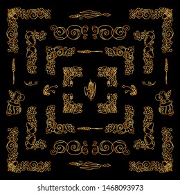 Set of golden square corners, frames. Vector elements for design. Flowers, ear of wheat, leaves elements. Vintage, hand drawing doodle style