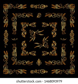 Set of golden square corners, frames. Vector elements for design. Flowers, ear of wheat, leaves elements. Vintage, hand drawing doodle style