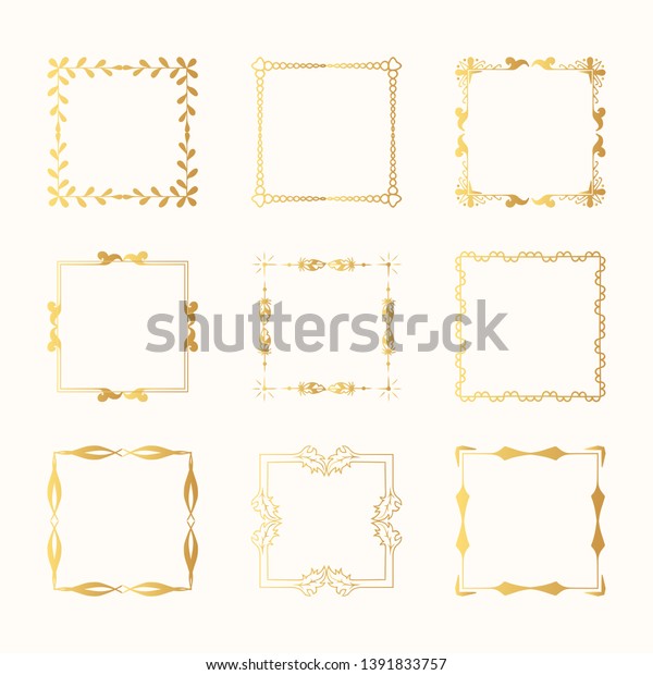Set of golden square elegant frames and gold\
wedding flourish borders. Vector isolated calligraphic design\
elements. Vintage break.