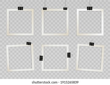 Set of golden square photo frames on binder clips. Vector 3d realistic. Mockup for design, portfolio, social media or branding. Blank template on a transparent background. 6 empty beige photo cards.