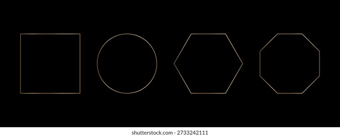 Set of golden square, round, hexagon and octagon frames isolated on white background. Shiny luxury geometric borders. Design elements for banners, greeting or wedding cards. Vector illustration.