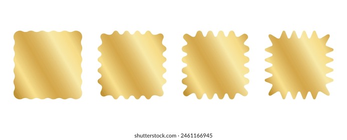 Set von goldenen quadratischen Aufklebern mit welligen Rändern. Leuchtende goldene Etiketten, Abzeichen, Preis-Tags oder Coupons wiggly Formen auf weißem Hintergrund. Vektorillustration