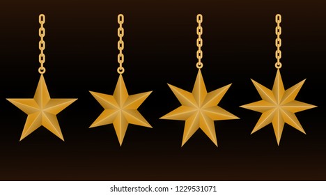 set of golden star with chain isolated on white Background. object for decorate christmas day, vector illustration