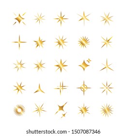 Set of golden star, sparkle icons. Collection of bright fireworks, twinkles, shiny flash. Glowing light effect stars and bursts .