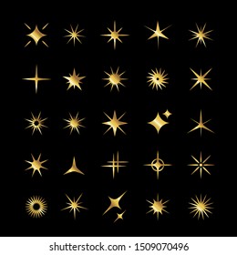 Set of golden star, sparkle icons. Collection of bright fireworks, twinkles, shiny flash. Glowing light effect stars and bursts .