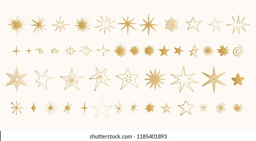 Set of golden stars. Glitter shapes. Vector. 