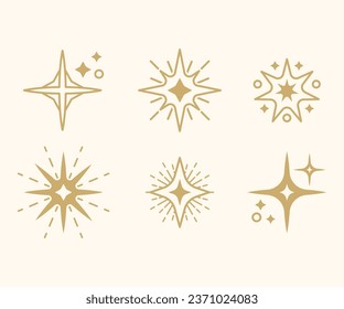 set of golden stars sparkle boho line art minimalist modern simple icon design vector	