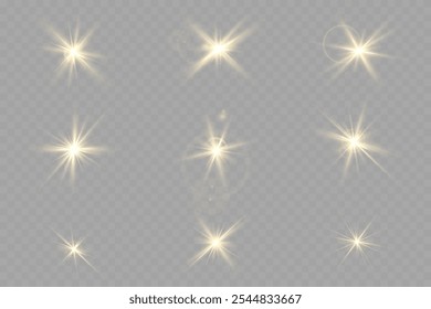 A set of golden stars, sun rays and dawn effect. Glare. An explosion on a transparent background. Sparkling particles of magic dust. A bright star. Transparent glowing sun, bright flash