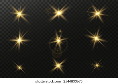 A set of golden stars, sun rays and dawn effect. Glare. An explosion on a transparent background. Sparkling particles of magic dust. A bright star. Transparent glowing sun, bright flash