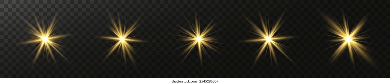 A set of golden stars, sun rays and dawn effect. Glare. An explosion on a transparent background. Sparkling particles of magic dust. A bright star. Transparent glowing sun, bright flash
