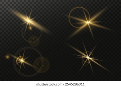 A set of golden stars, sun rays and dawn effect. Glare. An explosion on a transparent background. Sparkling particles of magic dust. A bright star. Transparent glowing sun, bright flash