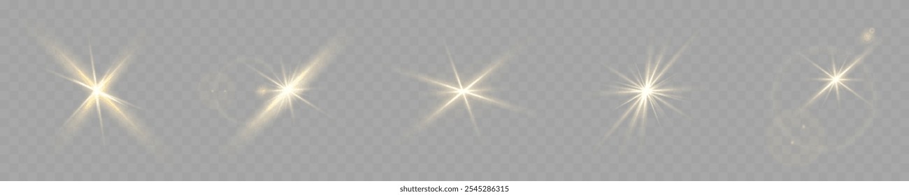 A set of golden stars, sun rays and dawn effect. Glare. An explosion on a transparent background. Sparkling particles of magic dust. A bright star. Transparent glowing sun, bright flash